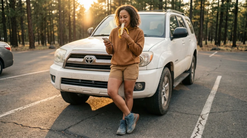 Woman eating a banana and looking at her phone while leaning on a white SUV in a wooded parking lot