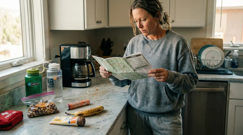  Woman at a kitchen counter reviewing a trail map next to packed snacks, sunscreen, and a first-aid kit.