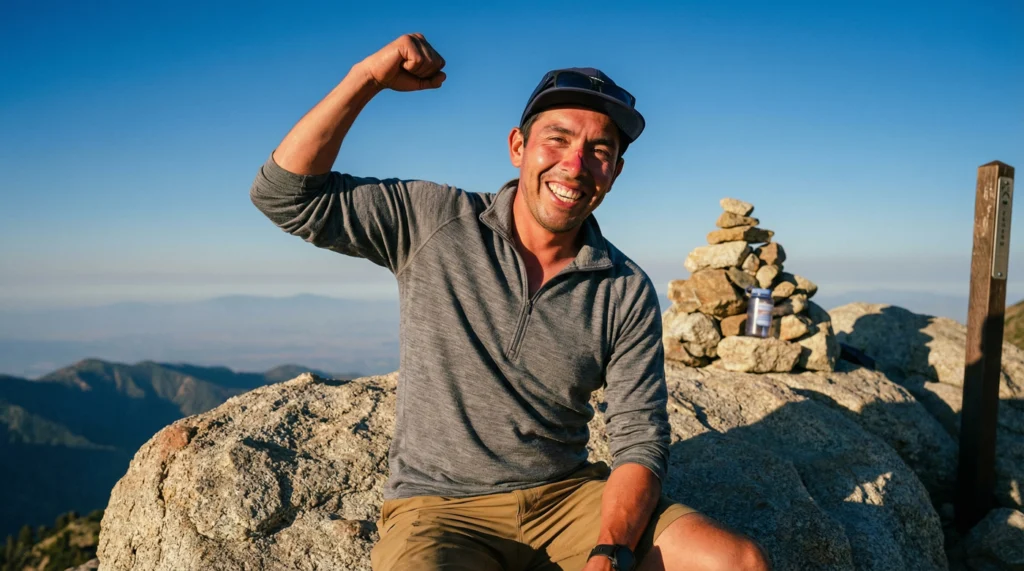 Is Hiking Good Exercise? 12 Epic Body Benefits After 30 Days Hiker sitting on a summit boulder, fist raised in celebration, small scrape on his cheek, trail marker post and rock cairn behind him with hazy mountain ridgelines in the distance.