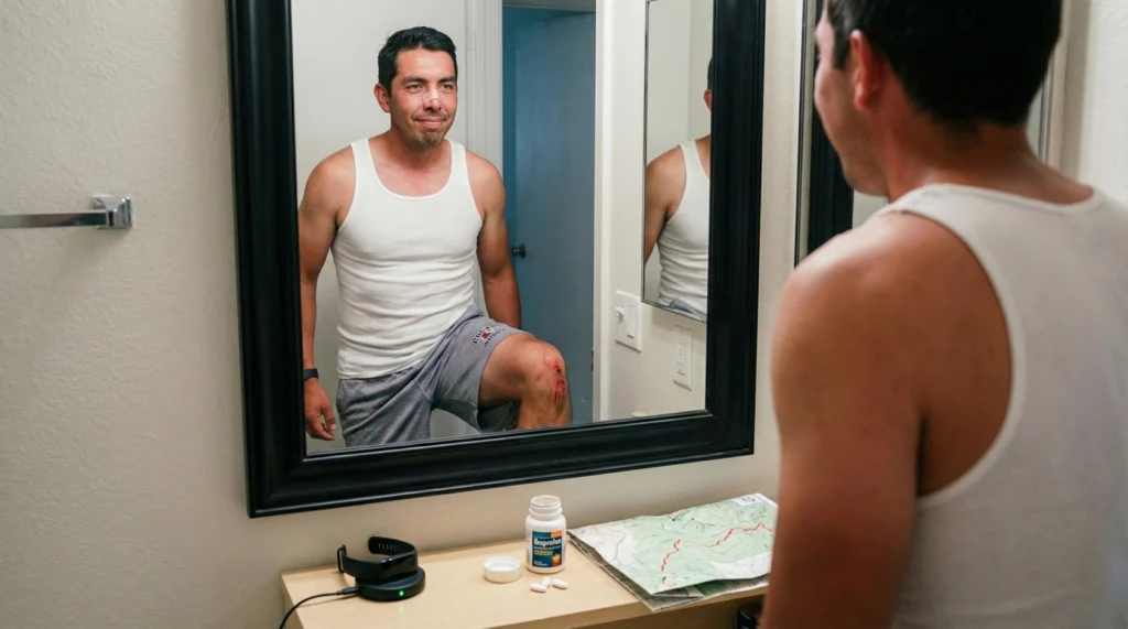 Is Hiking Good Exercise? 12 Epic Body Benefits After 30 Days Man in a tank top checking a scraped, bandaged knee in the mirror, with a nose bandage visible, ibuprofen bottle and folded trail map on the counter below.