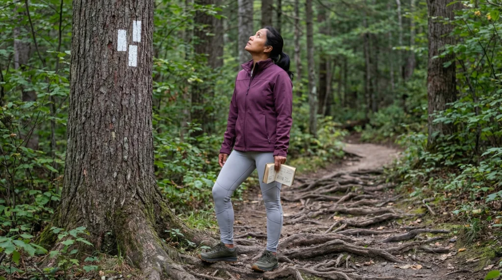 What Trail Markers Mean: 8 Blazes to Avoid Getting Lost A woman hiker looks up at white trail blazes on a tree trunk in a forest