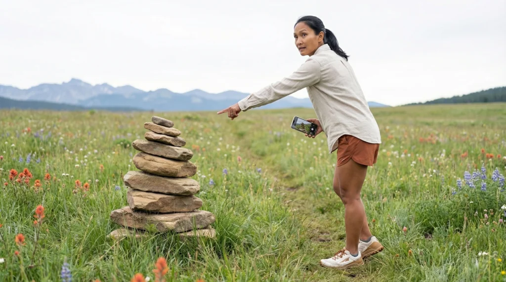What Trail Markers Mean: 8 Blazes to Avoid Getting Lost A hiker points at a rock cairn in a wildflower meadow with mountains in the background