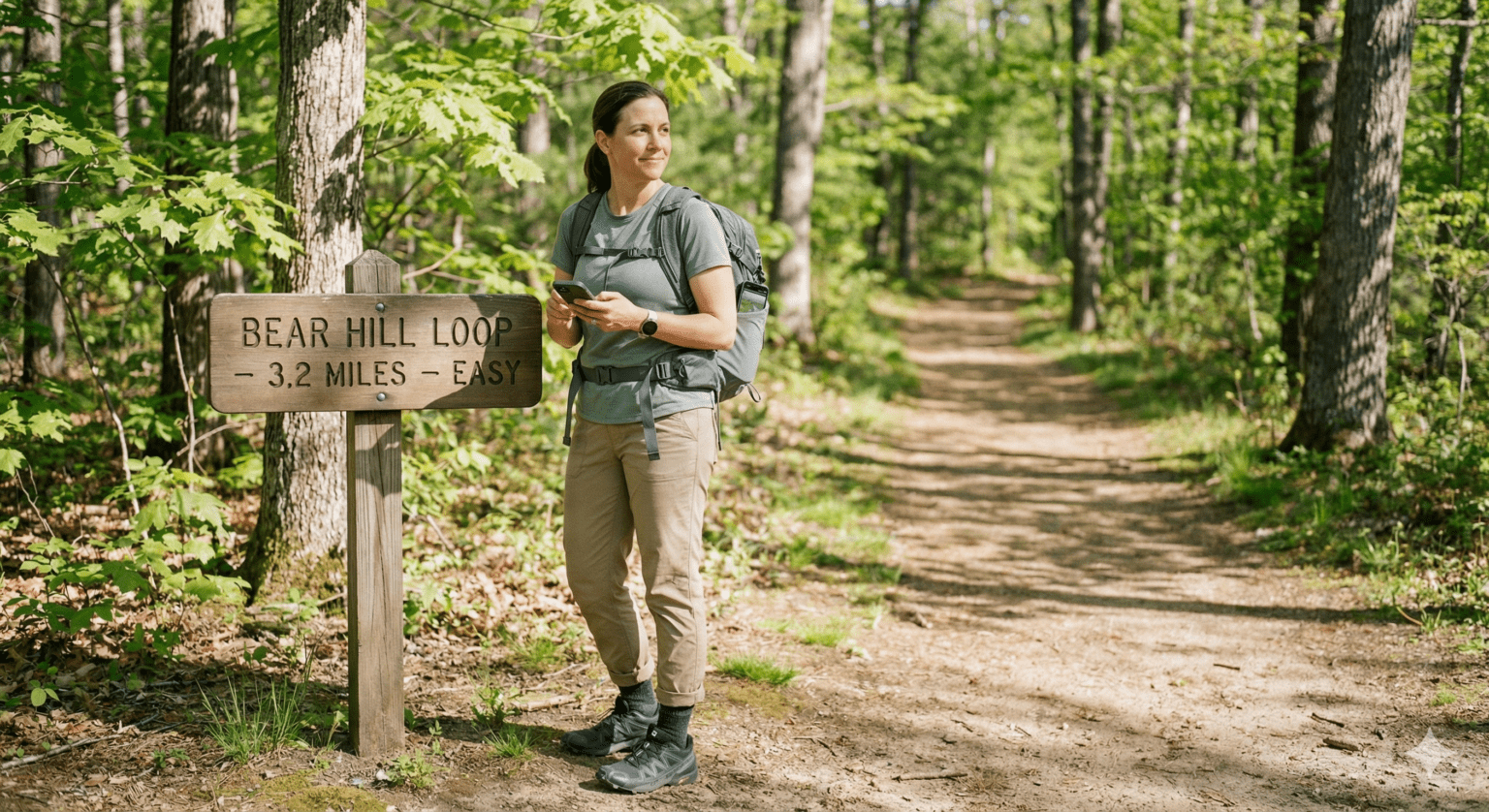 A hiker with a backpack and phone stands by a sign for the 3.2-mile Bear Hill Loop trail in a sunny forest