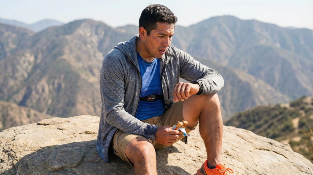 Calories Burned Hiking: Real Numbers for Real People A sweaty man in athletic gear sits on a rock, checking his smartwatch while holding an energy bar in the mountains