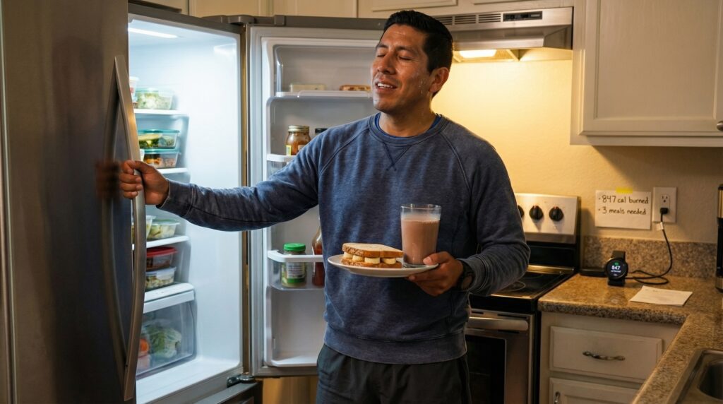 Calories Burned Hiking: Real Numbers for Real People Current image: A sweaty man holding a sandwich and chocolate milk while opening a refrigerator after a hike