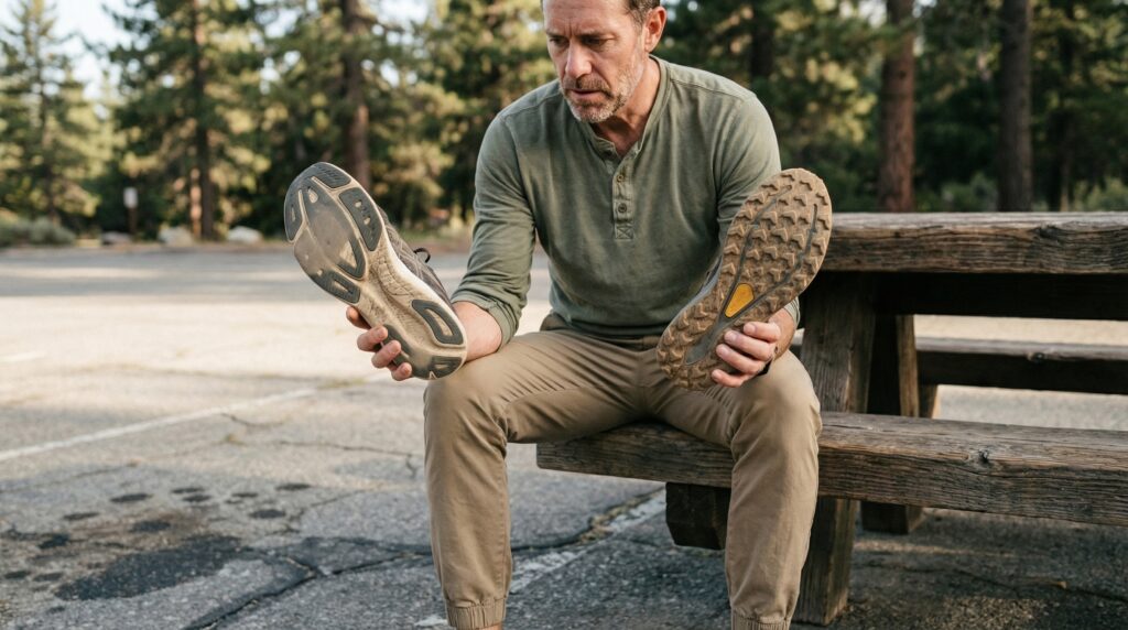 Hike in Running Shoes: 5 Shocking Truths for Beginners A man compares a worn, smooth athletic shoe sole with a rugged, lugged trail shoe sole