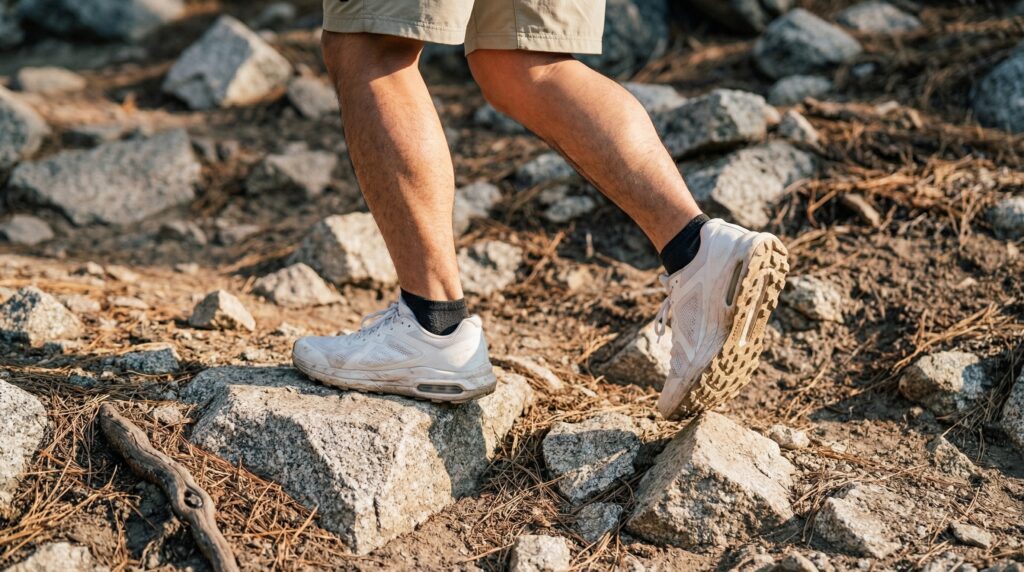 A person in white sneakers hiking across a rocky trail