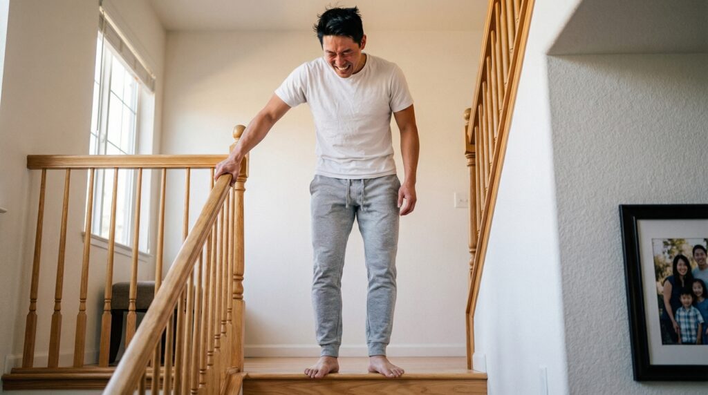 A man at the top of a staircase grimacing in pain while holding onto the banister