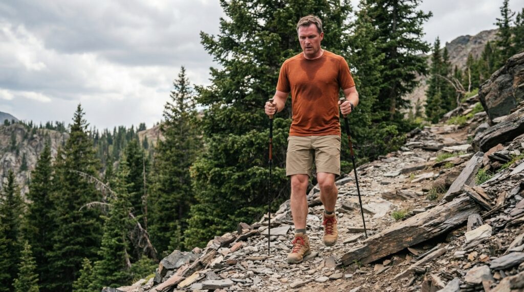A man with a sweat-stained shirt hikes down a steep, rocky trail using trekking poles for stability