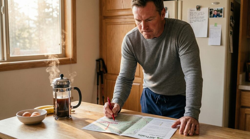 A man at a kitchen table uses a red pen to mark a section of an AllTrails map with the note Go Here First