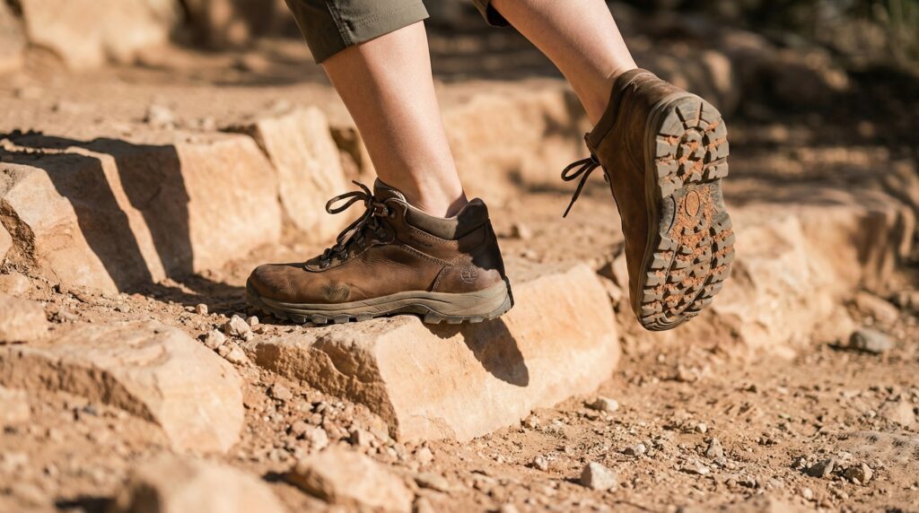 Hiking vs Walking: 5 Differences That Matter A person wearing brown leather hiking boots climbs stone steps on a dusty trail
