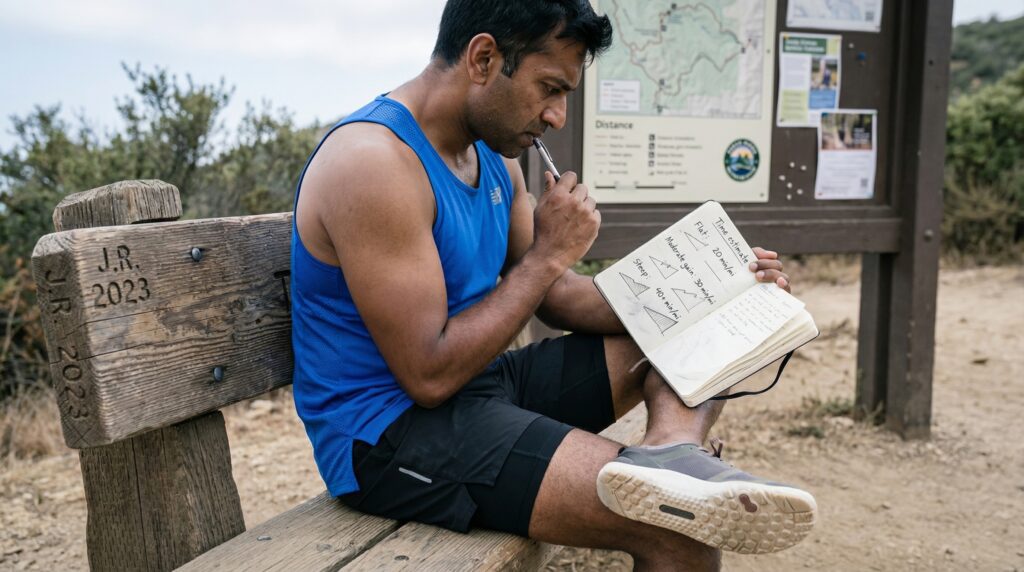 A man in athletic wear sits on a bench, studying a notebook with handwritten hiking time estimates for various terrains