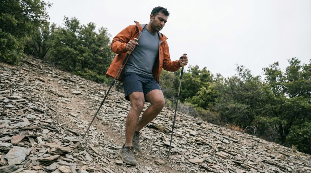 A man in an orange jacket hikes down a steep, rocky slope using trekking poles