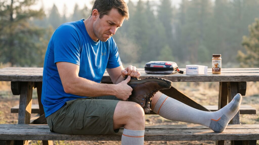 A man sitting at a picnic table adjusts his hiking boot next to a first-aid kit, Leukotape, and anti-chafe balm