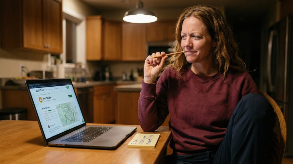 A woman planning a hike on a laptop using AllTrails, holding a pencil to her mouth in thought