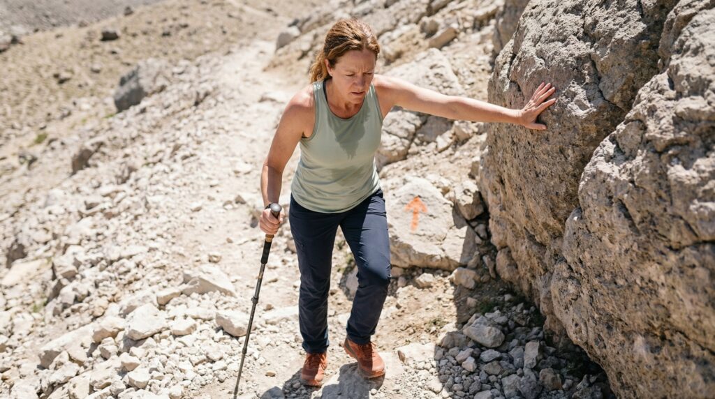 Woman hiking up a steep, rocky trail using a trekking pole and leaning on a boulder for support