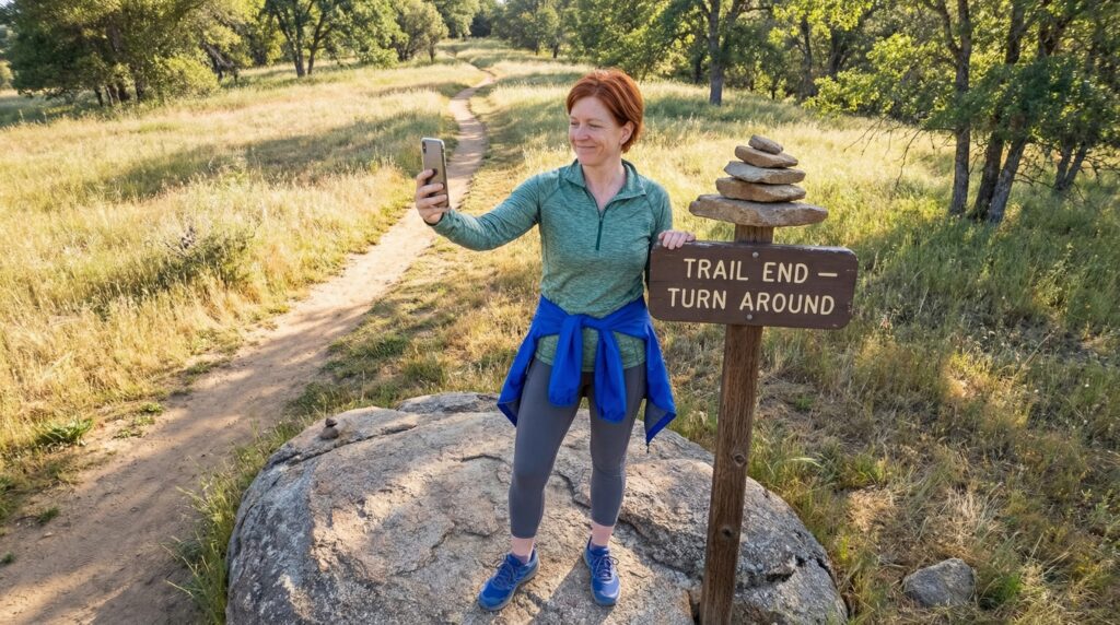 Types of Hiking Trails Explained for Beginners Woman taking a selfie next to a sign that reads Trail End - Turn Around at the end of a hiking path