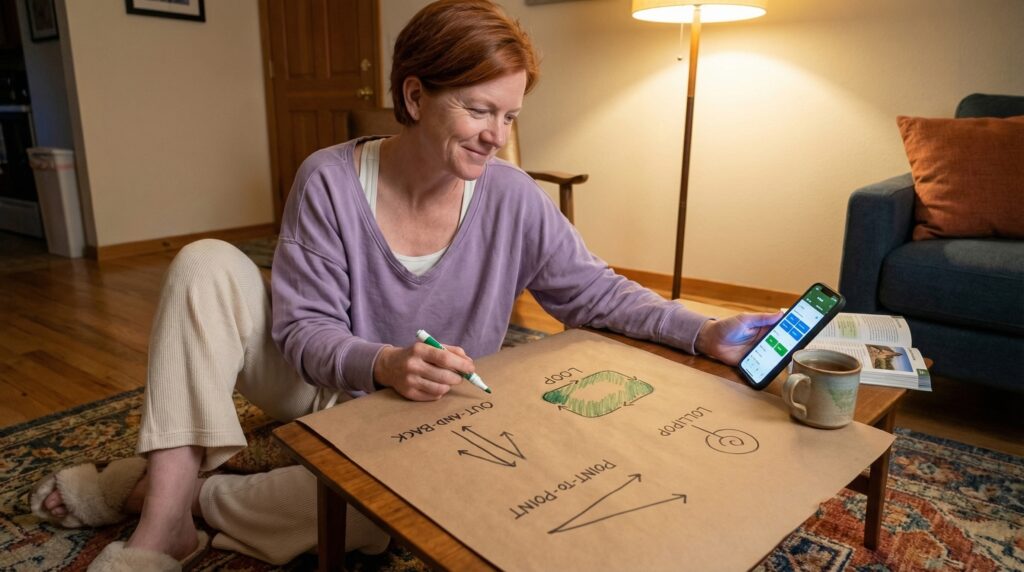 Types of Hiking Trails Explained for Beginners A woman draws diagrams of trail types—out-and-back, loop, lollipop, and point-to-point—while looking at her phone