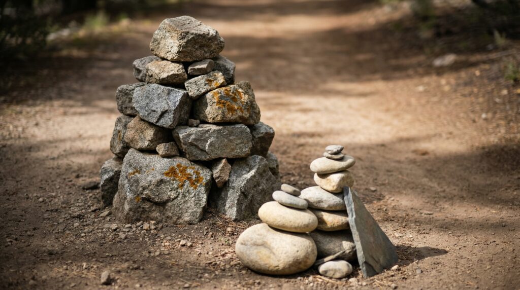 Stacked stone cairn marking a hiking trail through alpine terrain
