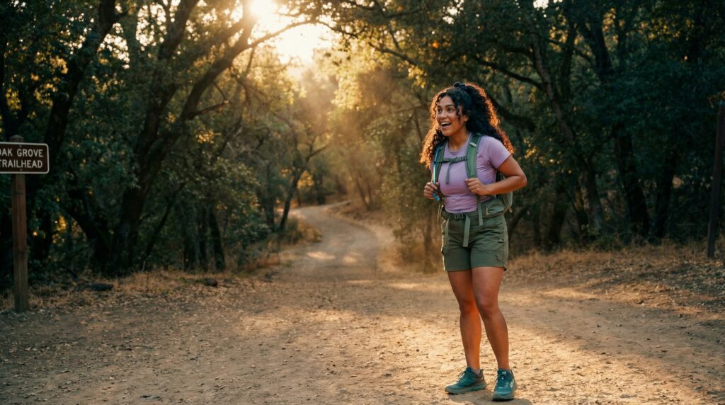A smiling hiker with a backpack stands on a dirt trail at the Oak Grove Trailhead during sunset