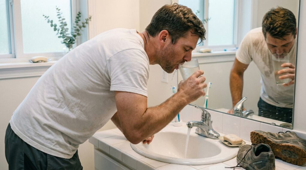 A sweaty man in a white t-shirt drinks a glass of water over a bathroom sink