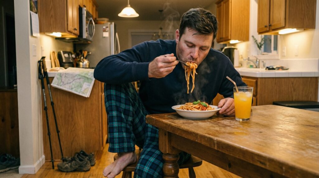 A man in pajamas eats a large forkful of steaming spaghetti at a kitchen table