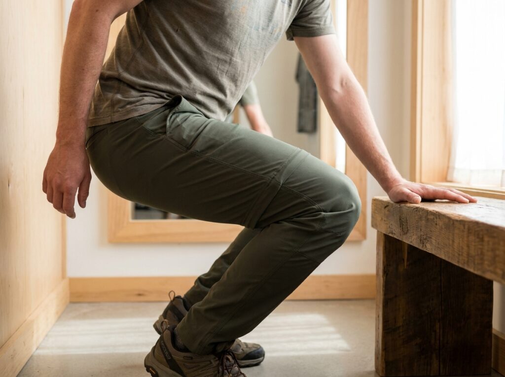Best budget hiking pants getting a squat-and-lunge fit test in a fitting room