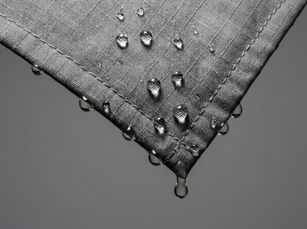 Quick dry hiking pants fabric shedding water droplets in a macro close-up