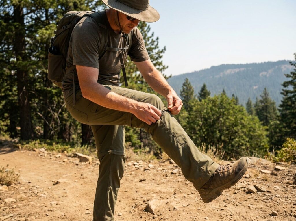 Hiking trousers for beginners with convertible zip-off legs unzipped mid-trail