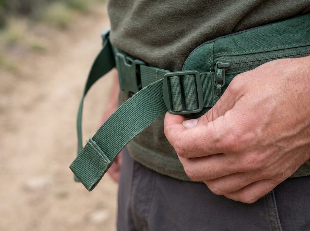 Budget day hiking backpack's unpadded webbing hip belt shown in a close-up detail shot