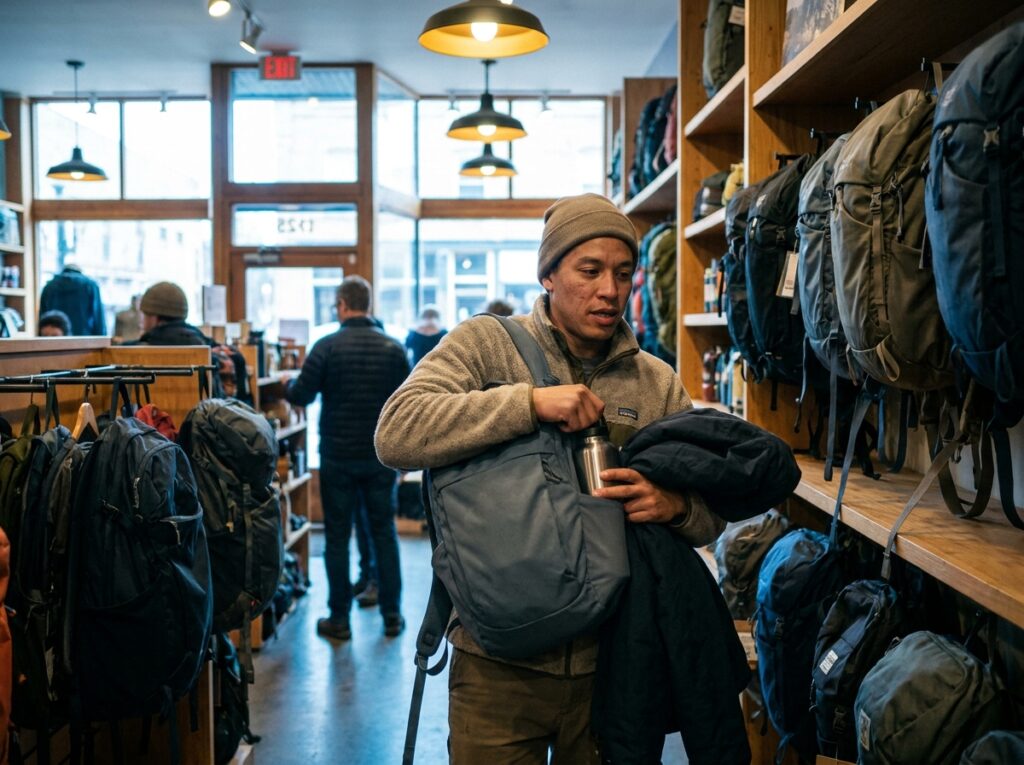 Testing an affordable hiking pack's fit with real weight inside a gear shop
