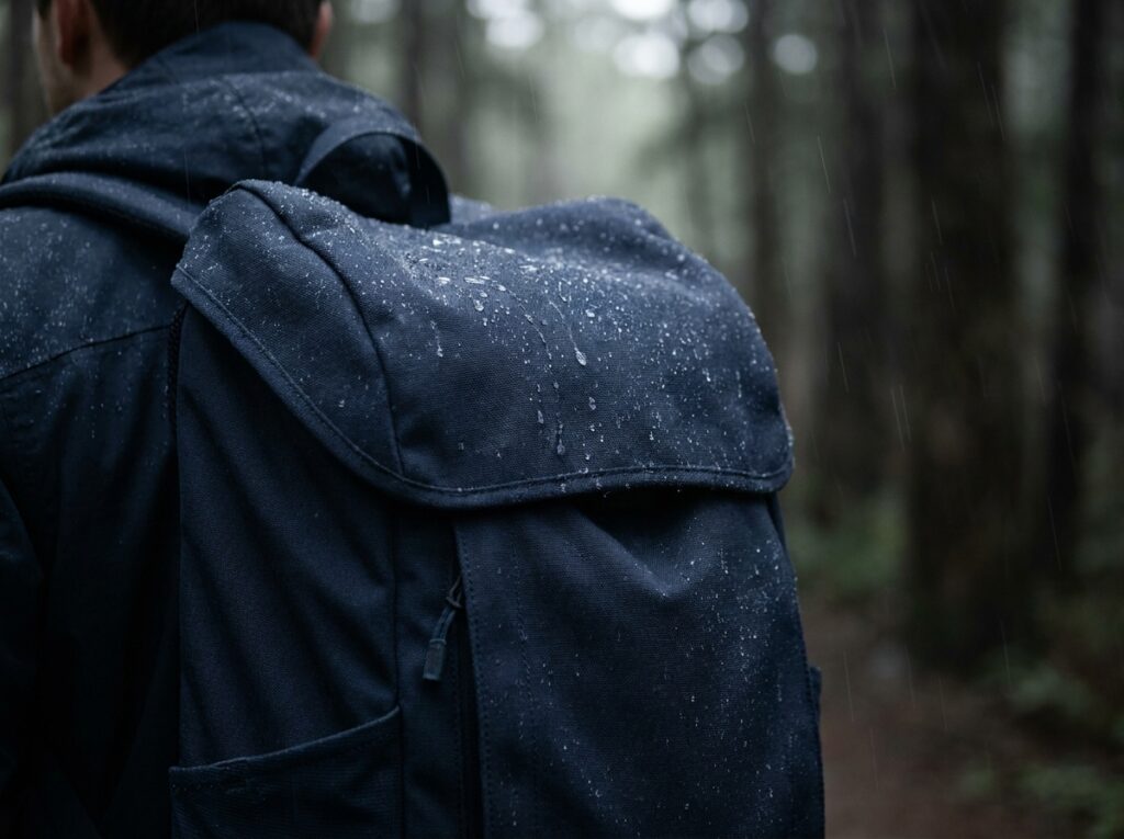  Cheap hiking backpacks' water-resistant fabric beading off rain on the trail
