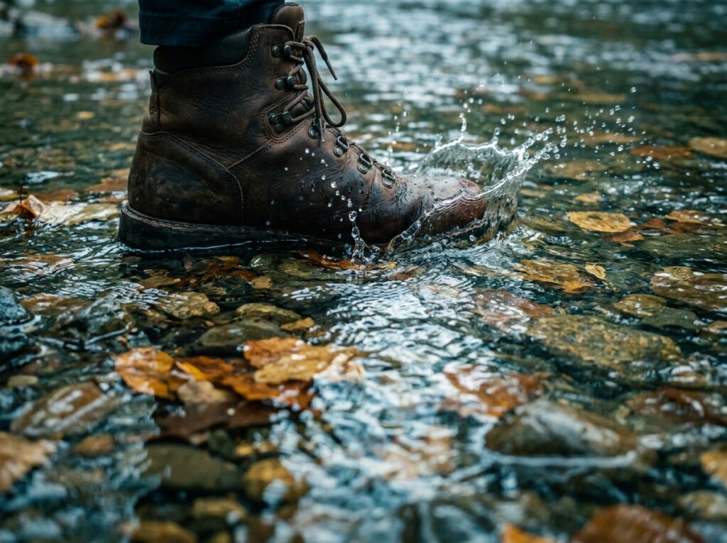 Cheap waterproof hiking boots stepping through a stream without soaking the leather