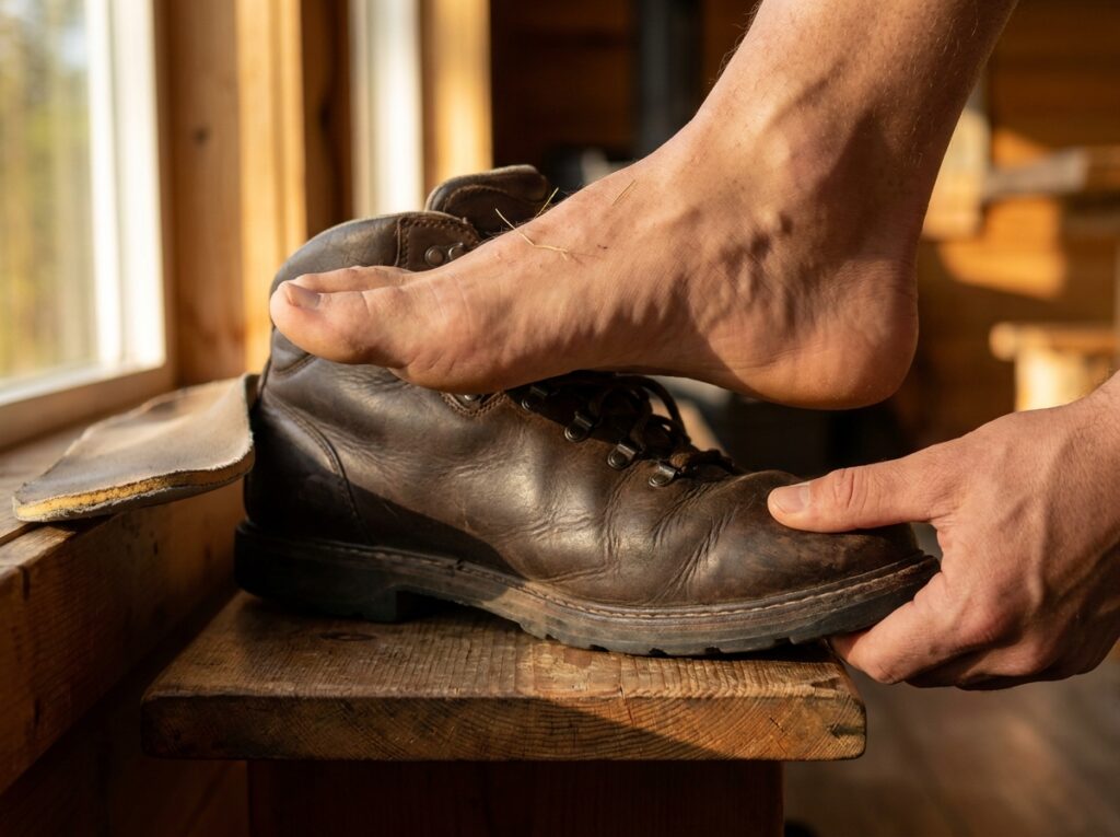 Affordable hiking boots getting a stock insole and toe box fit check on a bench