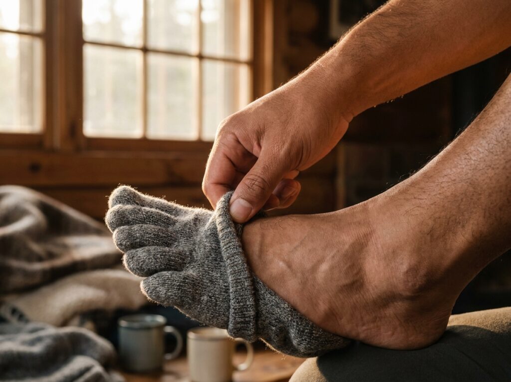Blister prevention socks with a five-toe design being pulled onto bare feet
