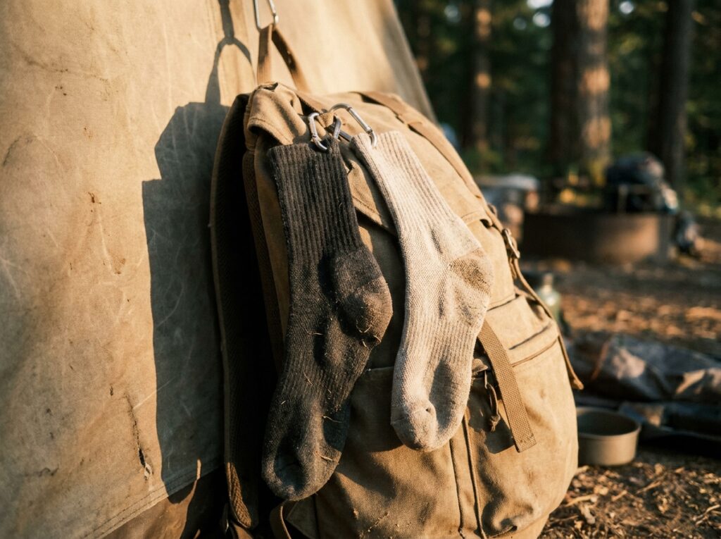  Lightweight hiking socks clipped to a daypack for the two-pair trail rotation