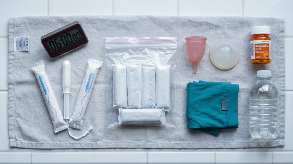 Flat-lay of a period hiking kit — tampons, pads, a menstrual cup, disc, timer, ibuprofen, dark underwear, and a water bottle on a gray towel.