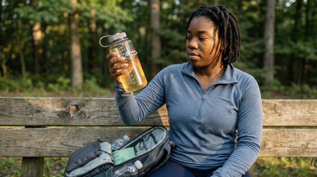A hiker on a trail bench holds up a Nalgene bottle with pale yellow liquid, checking hydration color against her open backpack.