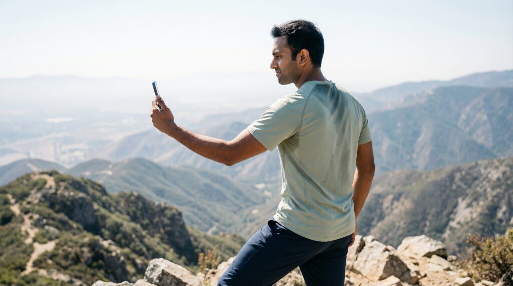 Hiker checking phone signal on a mountain ridge to text hiking location update
