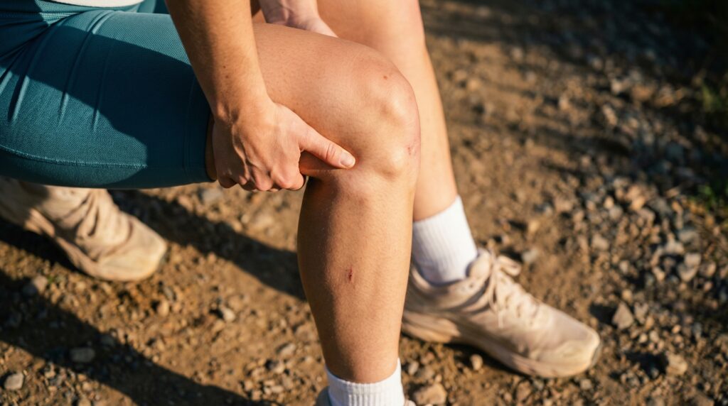 A hiker crouches on a rocky dirt trail, gripping their bent knee with one hand. Faint scrapes are visible on the lower leg, and worn hiking shoes and white socks show signs of a long trek.