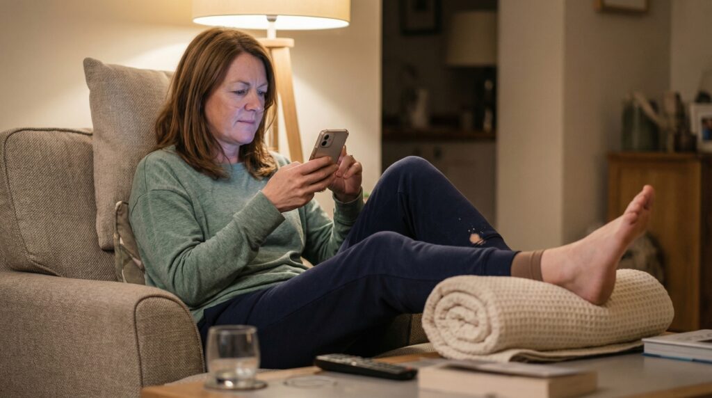 A woman relaxes in an armchair with her bare feet propped up on a rolled towel. She checks her phone with a water glass and remote nearby, in a softly lit living room.