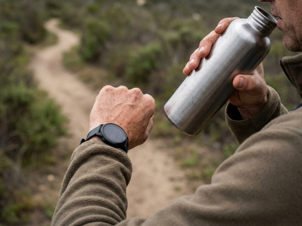 Water per hour hiking habit shown by checking a timer before a scheduled sip