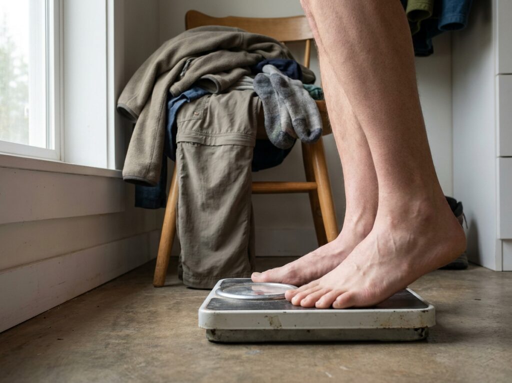 Hiking hydration calculation sweat-rate test using a bathroom scale before a hike
