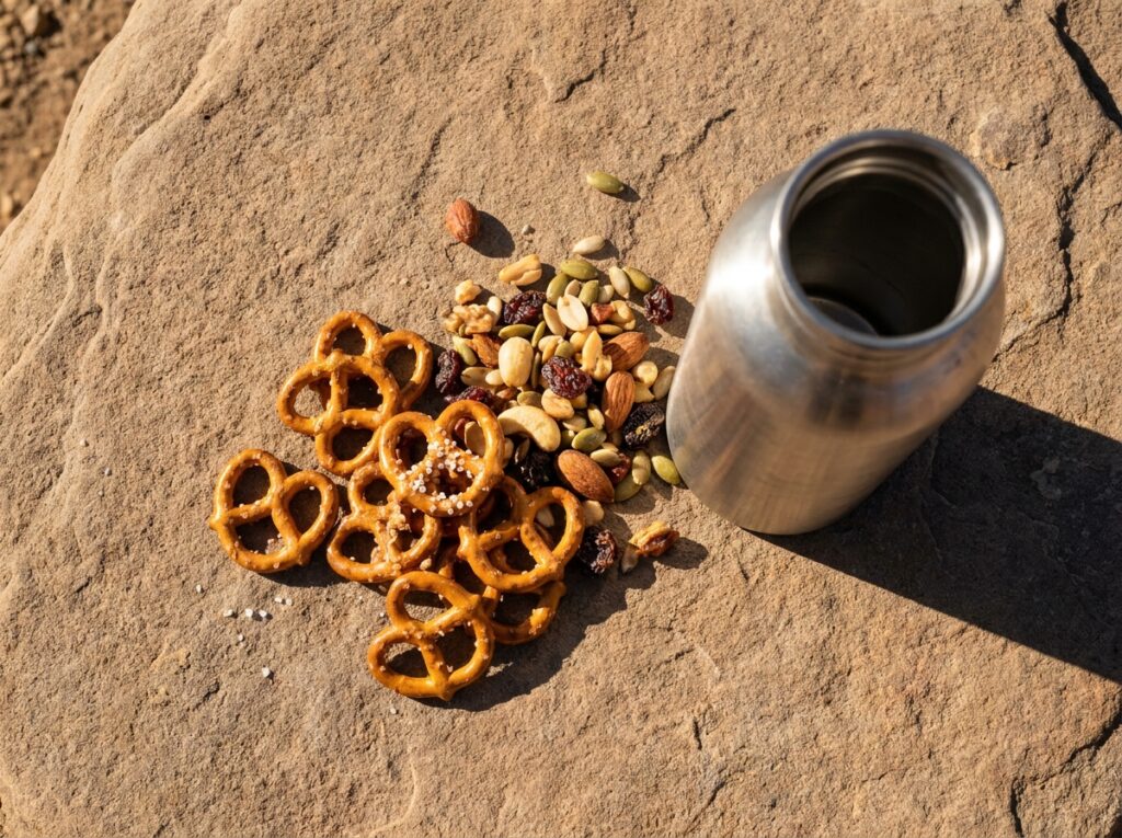 Pretzels and trail mix paired with water to meet hydration rules for hiking
