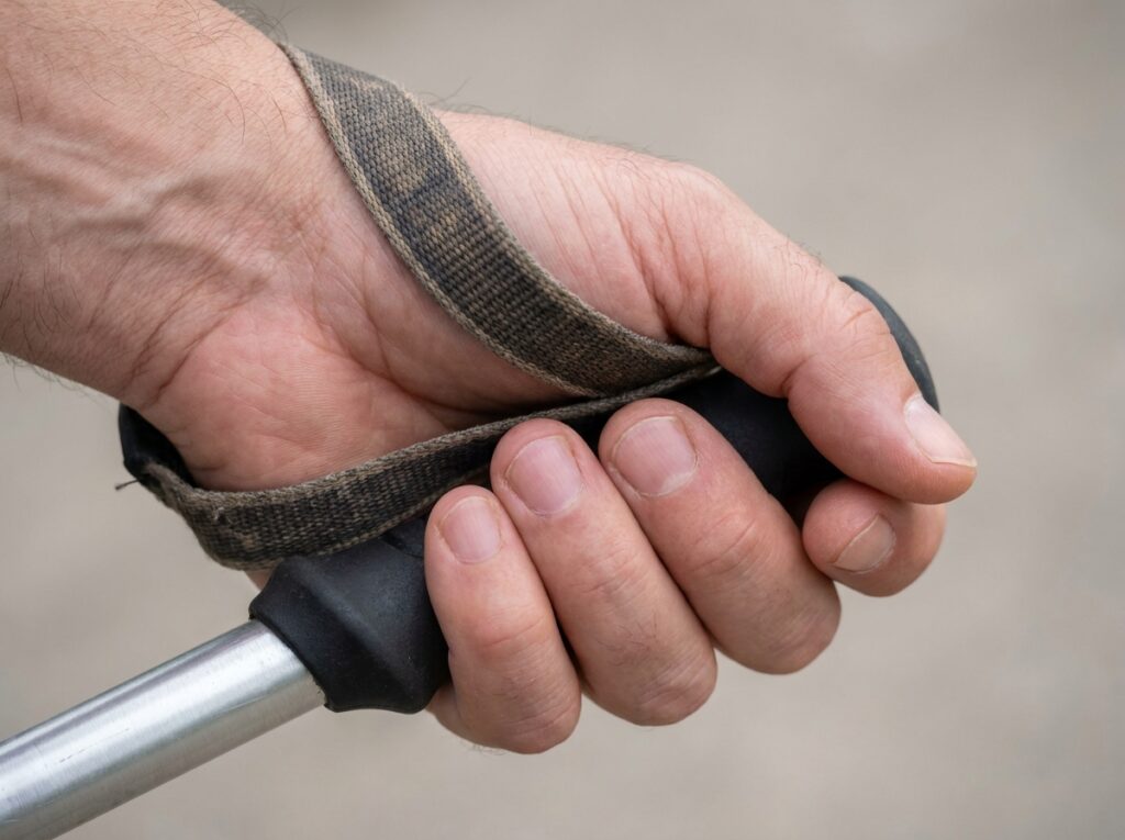 How to use trekking poles — a wrist strap threaded correctly through the palm
