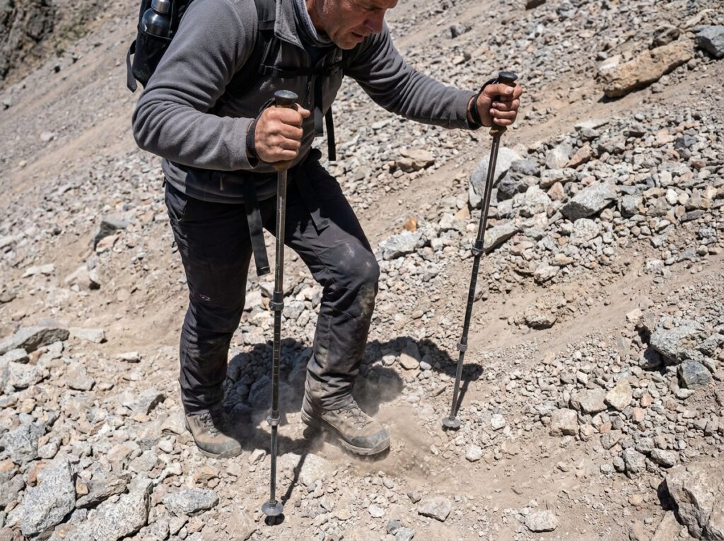 Benefits of trekking poles shown in a double-pole plant crossing loose scree