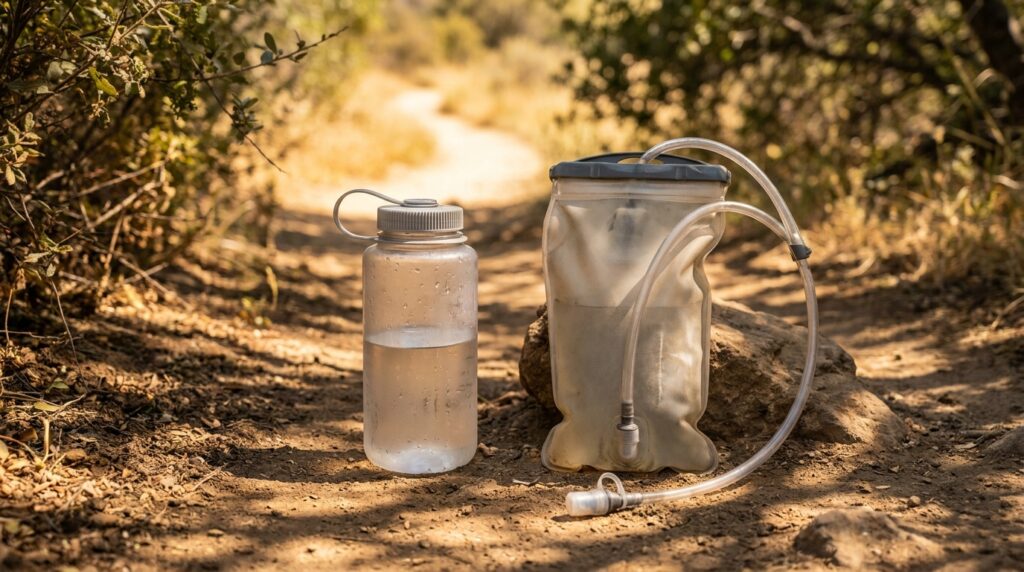 hydration bladder and water bottle