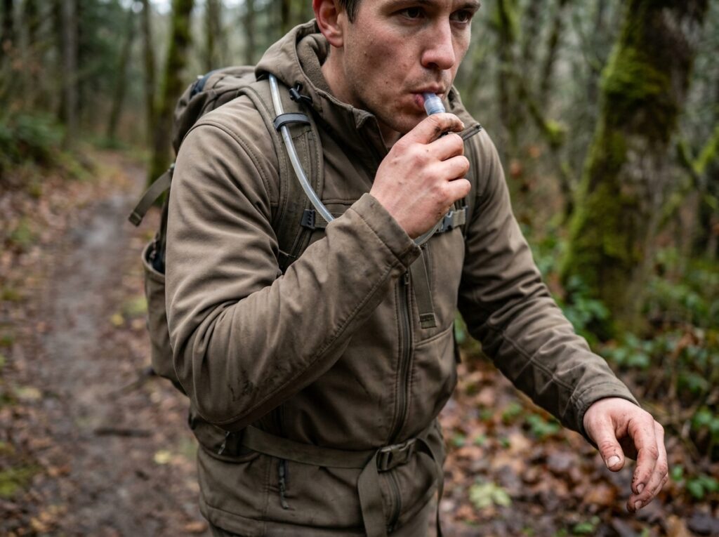 Hydration pack vs water bottles — sipping from a bite valve without breaking stride