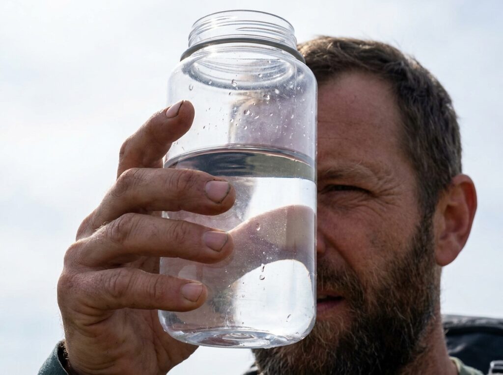 Best hiking water system check, reading the water level through a translucent bottle