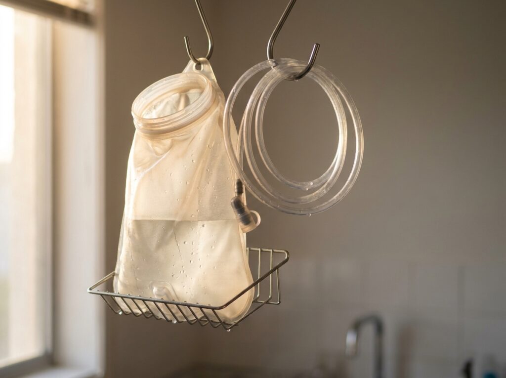 Cleaning hydration bladders — a reservoir hung open to air dry after a hike